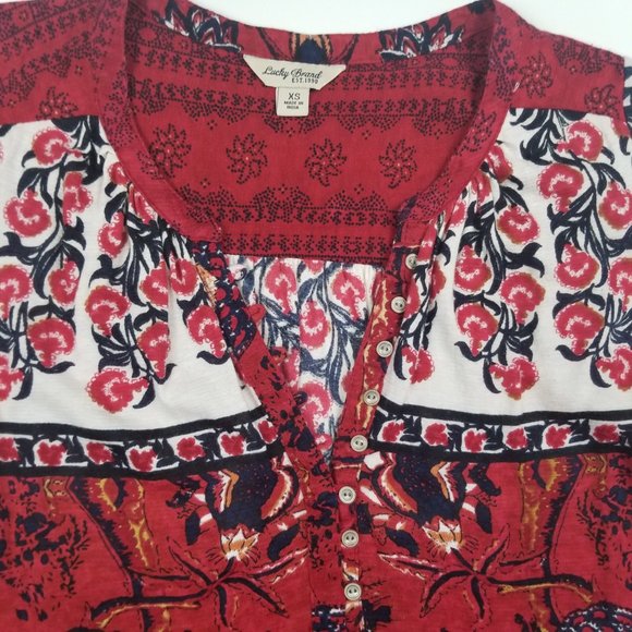 Lucky Brand Linen Blend Red White Blue 3/4 Boho Top Blouse Tunic sz XS - Picture 2 of 6